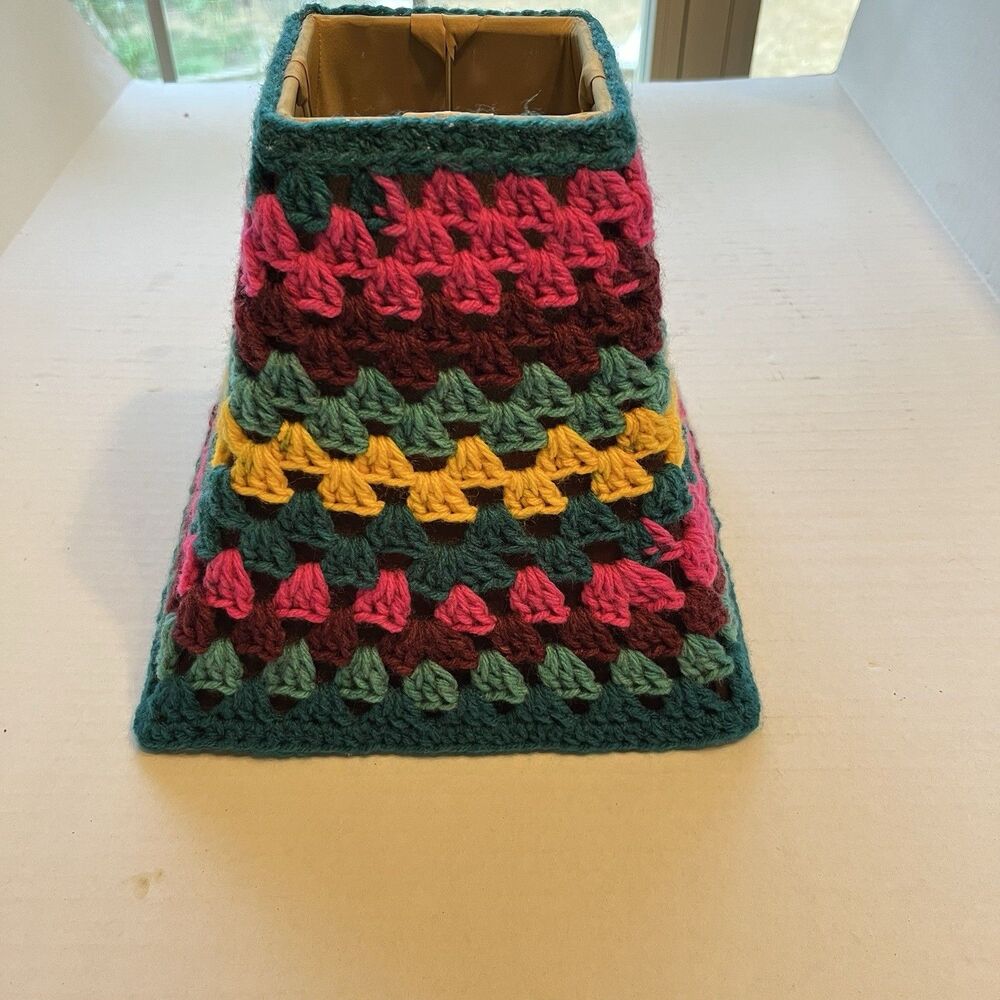 Handmade Crochet Lamp Shade Cover Cottagecore 9” Square Granny Blue